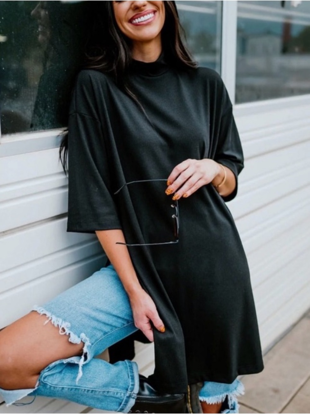 DRESSED IN LALA | NWT Icon Ribbed Mockneck Tunic Top in Black | XL